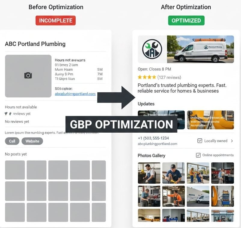 Before and after of Google Business Profile optimization