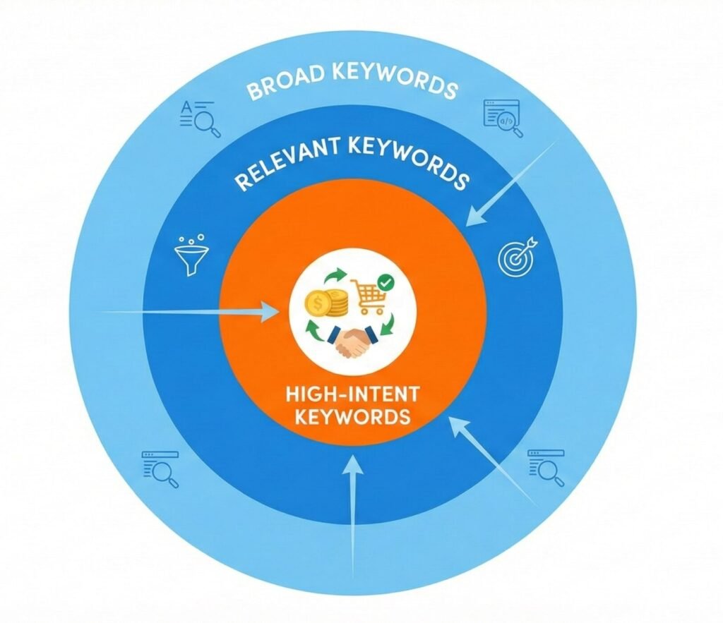 Bullseye with most important type of keywords in the middle