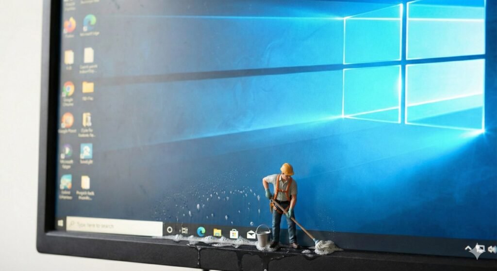 tiny man inside a computer monitor using a mop to clean the bottom of it