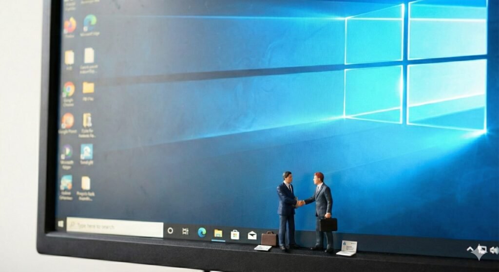 2 tiny men in suits shaking hands inside a computer moniter