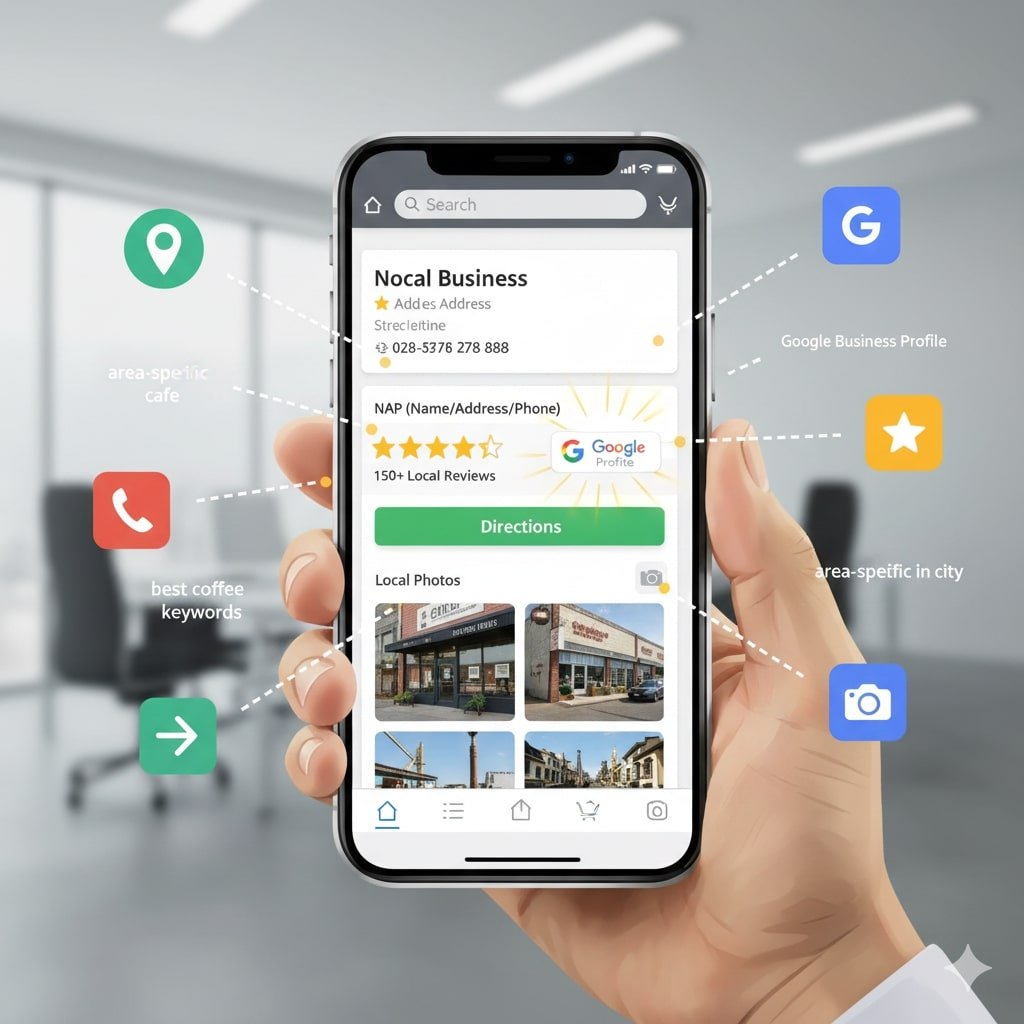 Hand holding cell phone showing a Google business profile of a business