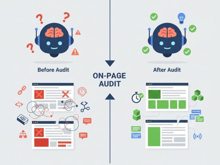 a poor website with lots of errors highlighted in red vs a audited website with green highlighted sections
