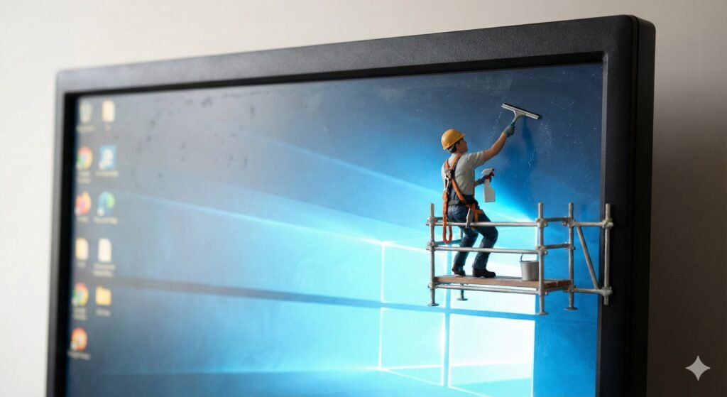 a minifigure man washing the screen of a computer monitor