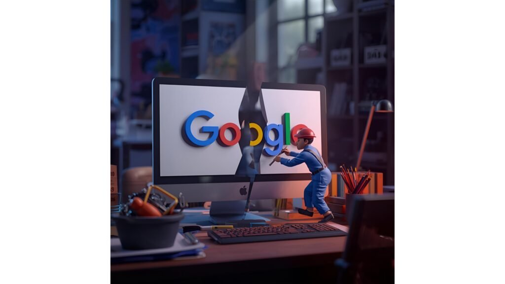 A computer monitor that is broken with a little mini figure trying to fix it