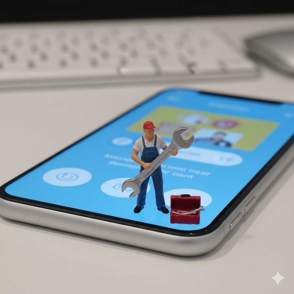 a mini figure standing with a wrench on a cell phone