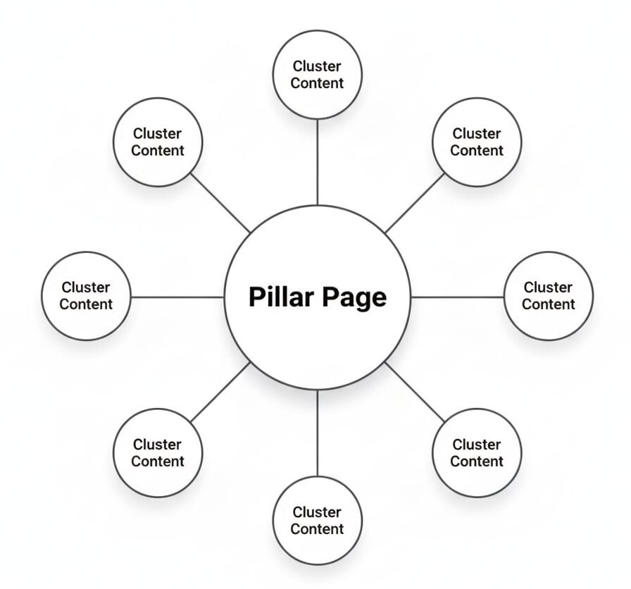 one central circle labeled pillar page with smaller circles surrounding it, each labeled cluster content