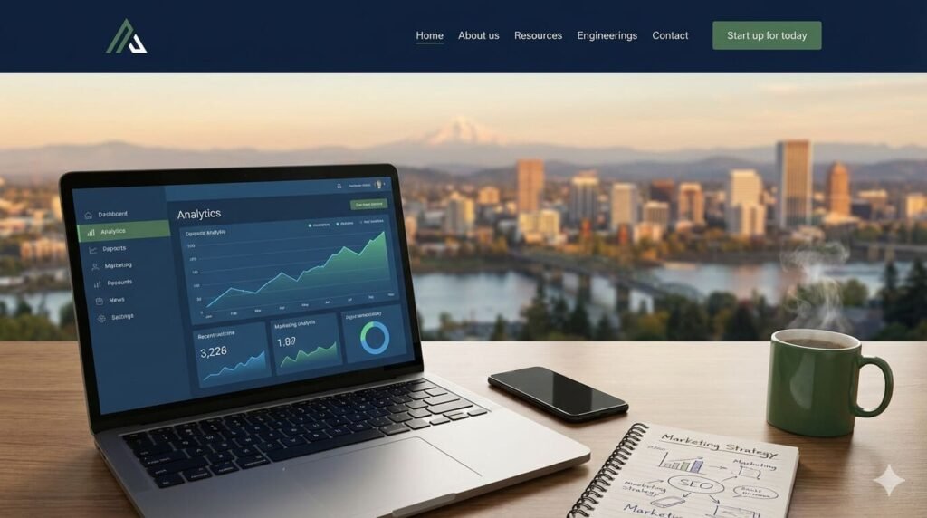 Laptop on desk with Portland Oregon in background