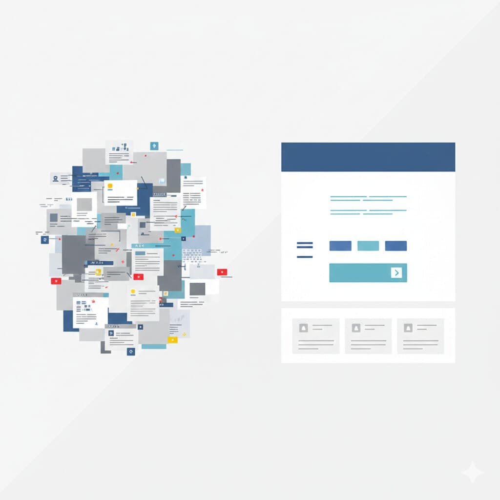 one side shows a large cluster of unorganized websites the other side shows a well organized website page